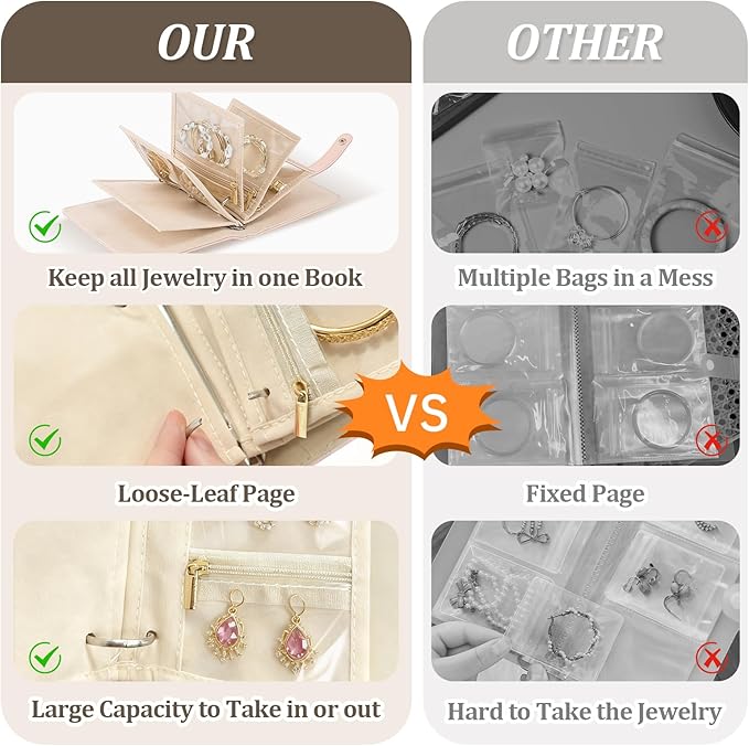 Velvet Travel Jewelry Organizer Book with Zipper Pouches – Anti-Tarnish, Scratch-Proof Jewelry Storage for Rings, Necklaces, Earrings, Bracelets – Portable Soft Case for Women (Pink)