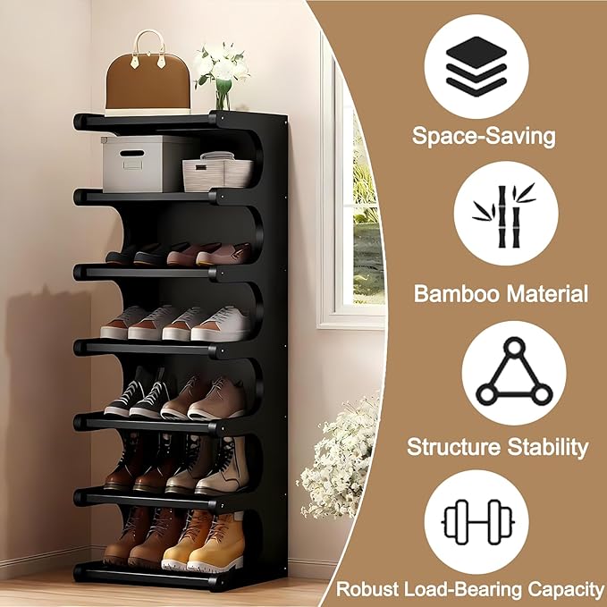 7-Tier Vertical Shoe Rack, Bamboo Free Standing Shoe Rack Shelf, Shoe Storage Stand, Entryway Shoe Tower, Vertical Shoe Organizer for Narrow Closet, Entryway, Hallway