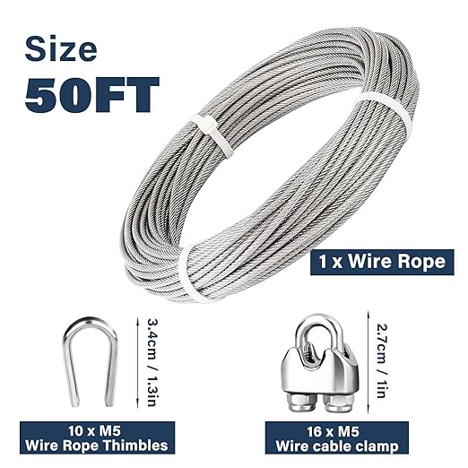 3/16 Wire Rope, 50ft Stainless Steel Cable with Wire Rope Clamps & Thimble, 3700lbs Breaking Strength, 7X19 Strands Aircraft Cable for Zipline, Deck Railing, Clothesline