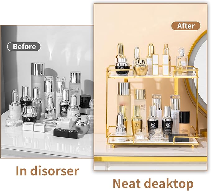 2 Tier Bathroom Cabinet Countertop Organizer Perfume Lipstick Makeup Organizer Cosmetics Storage Display Rack Vanity Tray Metal Dresser Storage Shelf White Marble Ceramic Tray Golden