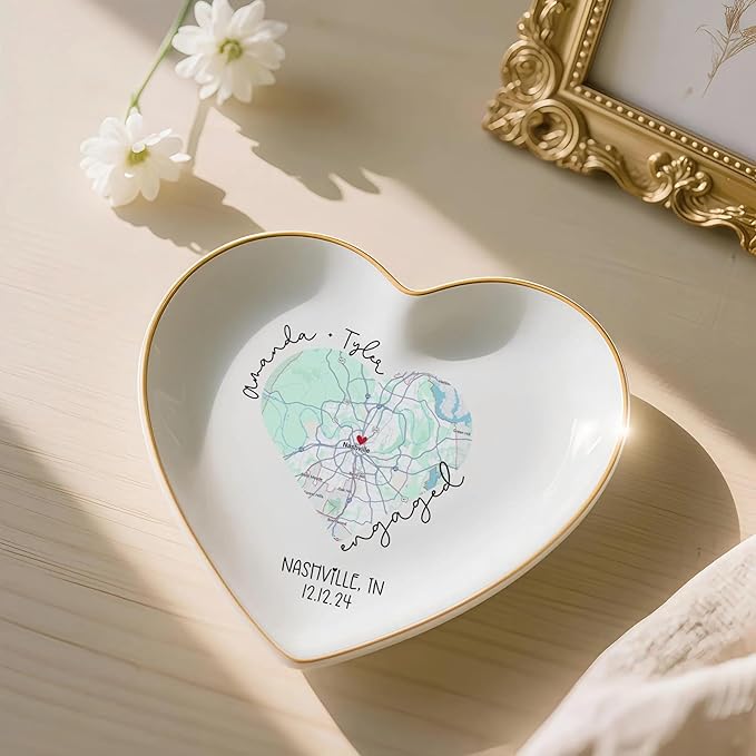 Chillever Custom Map Engaged Trinket Dish, Location Engagement Gifts For Couple Jewelry Tray, Ring Dish, Newly Engaged Ring Holder Best Gift For Lover 2