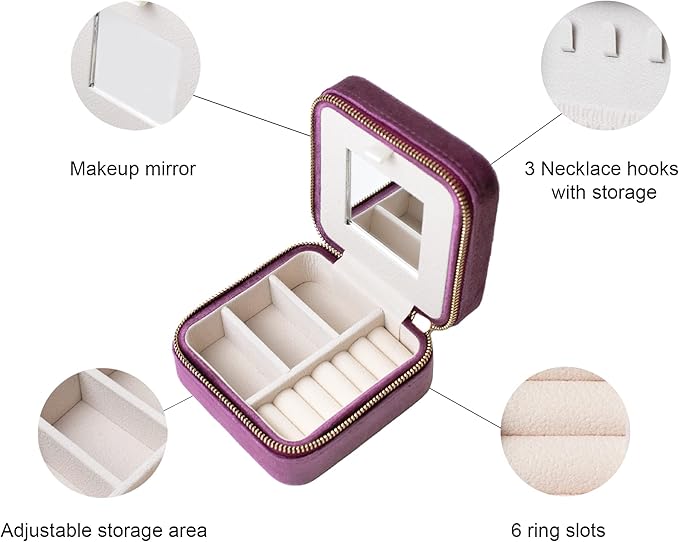 Customizable Compact Velvet Jewelry Box with Mirror, Travel Jewelry Case, Travel Jewelry Organizer, Jewelry Box for Women and Girls, Small Jewelry Organizer (Flower Design, Mulberry)