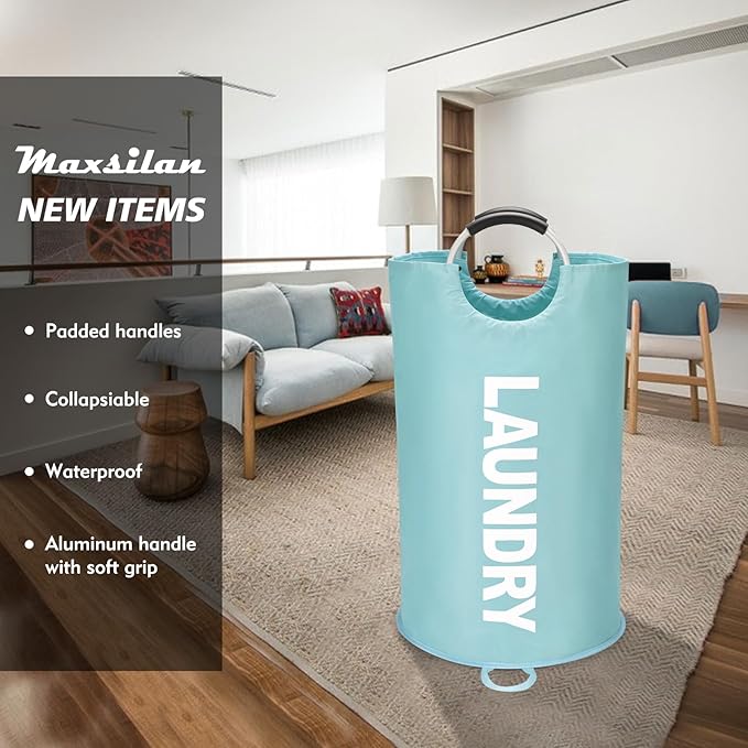 90L Large Laundry Basket, Freestanding Tall Clothes Hamper, Collapsible Laundry Bag, Light Blue