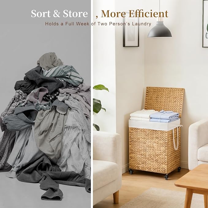 2-Section Laundry Hamper with Lid, Large Capacity Woven Natural Water Hyacinth Laundry Sorter with Removable Liners, Rolling or Non-Slip Design for Bedroom(Natural, 2-Section)