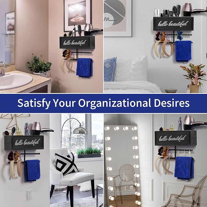 Rustic Hair Dryer Holder Wall Mounted,Hair Styling Tools & Accessories Organizer,Bathroom Supplies & hot Tools vanities Organizer Caddy,for Storage Flat Iron,Blow Dryer,Curling Iron,Towel