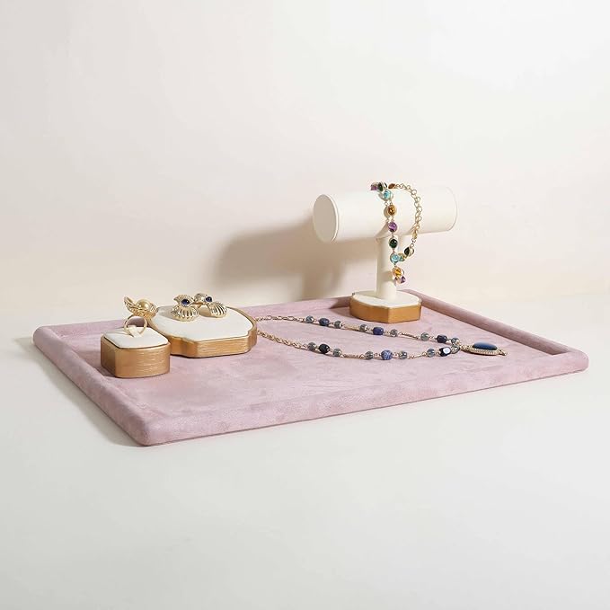 Rectangle Jewelry storage organizer plate, Velvet Jewerly display tray, Empty showcase tray for Necklace Bracelet Ring Earring【Pink-Large, 17.7 x 11.8 in 】