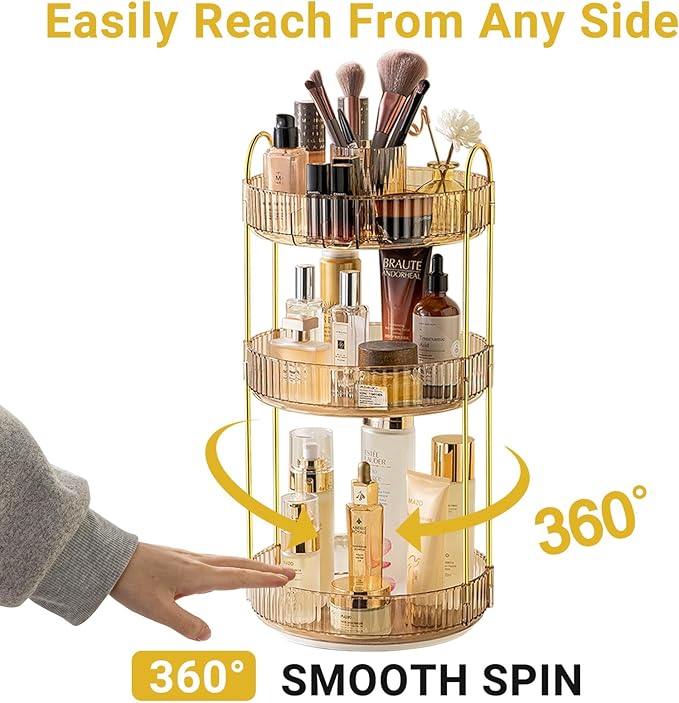 360 Rotating Makeup Organizer,3 Tier Large Capacity Make Up Organizers and Storage,Skincare Perfume Vanity Organizers,Bathroom Cosmetics Storage Organizer Countertop(Gold)