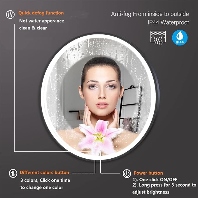 LED Bathroom Mirror with Lights 24'' Round Black Frame Vanity Mirror with Touch Lights Wall Mounted Mirror for 3Colors Dimmable Anti-Fog Memory Smart Light up Makeup Mirror Large Circle Wall Mirror