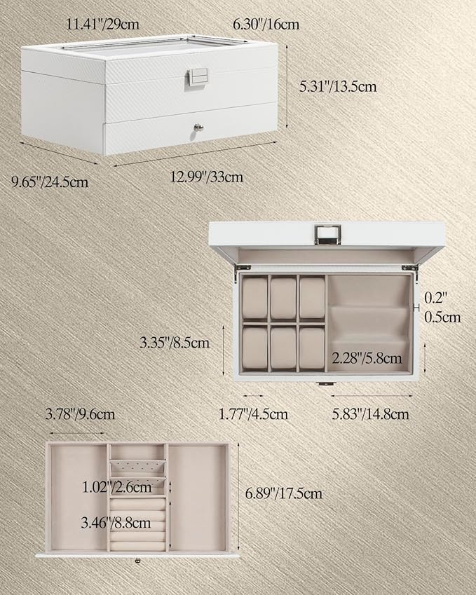 GUKA Watch box, 6 Slot Watch Case, 3 Slot Sunglass Organizer, Watch Cases for men with Real Glass Lid, Watch Organizer storage with Jewelry Case, Birthday for Men and Women,