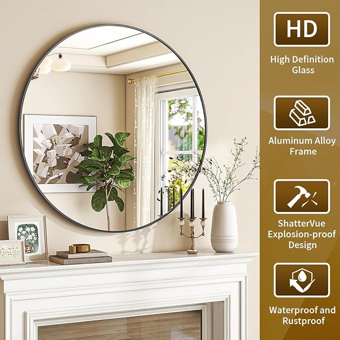 Black Round Mirror, 48 Inch Circle Bathroom Mirror with Metal Frame, Wall-Mounted for Entryway, Bathroom, Vanity, Living Room