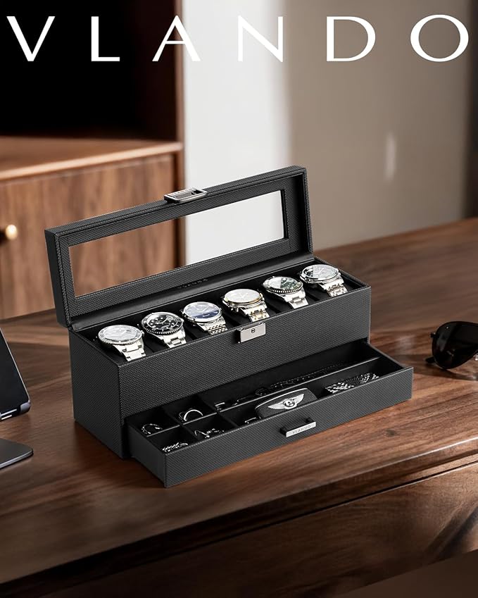 Vlando 6 Slots 2 Layers Watch Case for Men, Watch Box with Glass Lid, Lockable Watch Holder, Business Textured Leather Organizer Display Case, Soft Pillow, Gifts for Fathers, Dad, Husband - Black