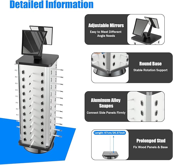 40 Pairs Sunglasses Holder Organizer, Rotating Glasses Display Stand Metal Sunglasses Display Stand With Mirror, Rotating Eyeglasses Holder Stand Countertop Sunglasses Rack (Square)