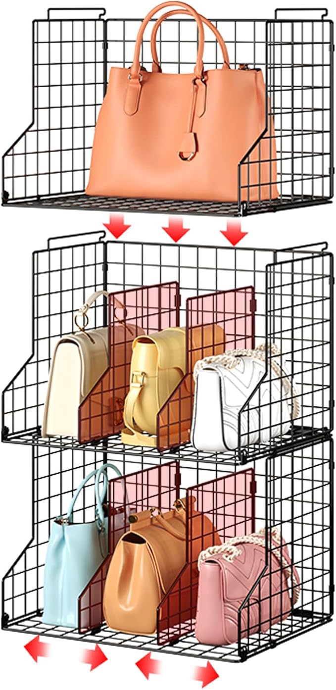 Sonyabecca Purse Storage Organizer for Closet : Adjustable 3-Pack Dividers Handbag Organizer - Stackable Wire Handbags Storage Baskets -Open Cabinets Wallets Tote Chain Bags Clutches