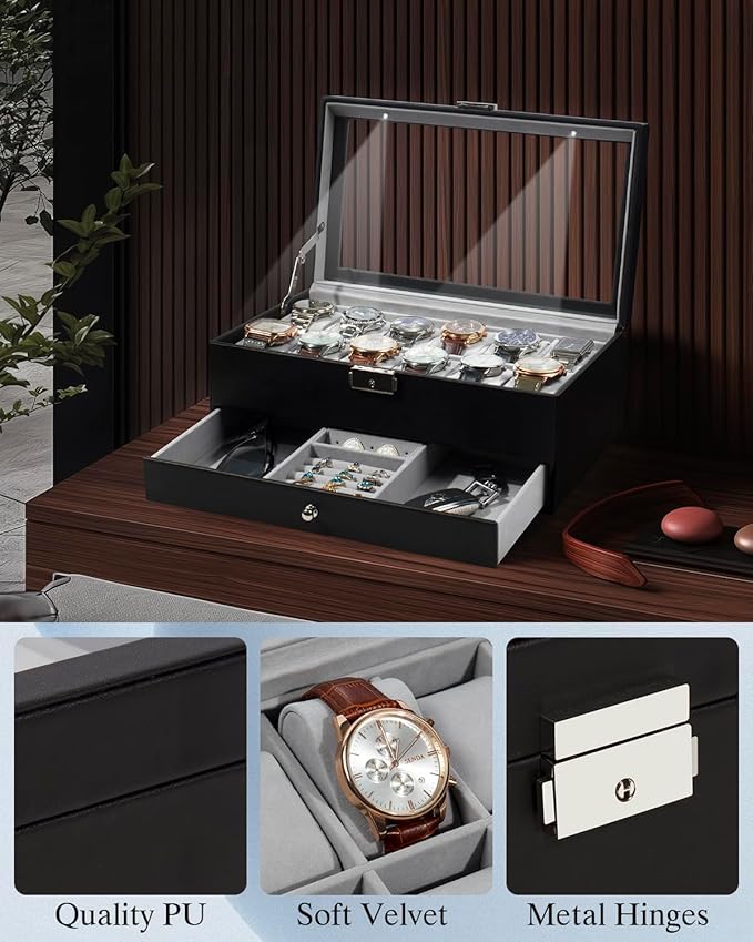 GUKA Watch Box 12 Slot Watch Display Organizer Leather Jewelry Case Drawer Glass Birthday for Men Women, Child Husband Dad GK-012BKGREY-LED-24