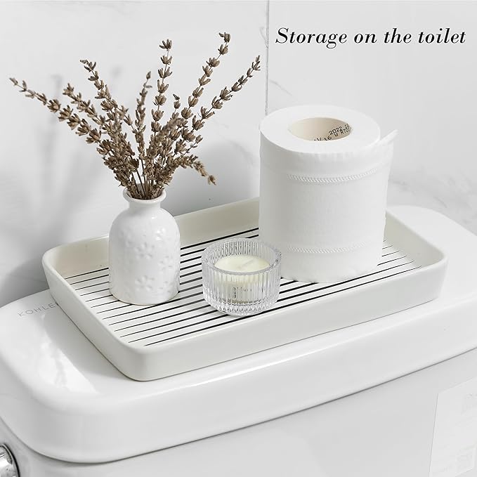 10"×6"×1" White Bathroom Vanity Tray for Countertop- Ceramic Decorative Organizer Tray for Dresser Tops, Toilet, Perfume, Sponge Holder Soap Dish Dispenser for Kitchen Counter- Black Stripes