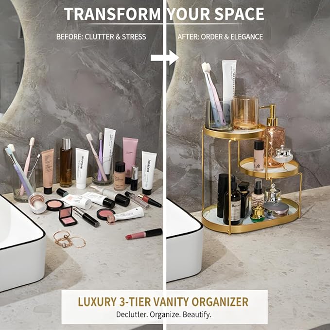 Makeup Organizer Countertop, 3 Tiers Skincare Organizer with Gold Finish, Durable Metal Storage for Bathroom or Bedroom Vanity, Tall Spacious Design for Large Bottles
