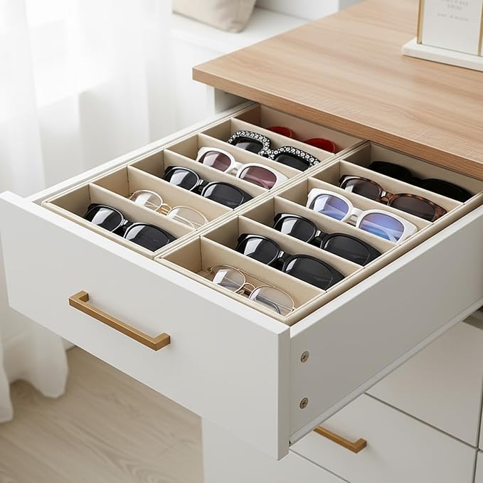 2 Pack Sunglasses Organizer Tray 6 Grid Jewelry Glasses Holder Storage Organizer Drawer Eyeglasses Sunglasses Display Velvet Tray for Women Glasses Jewelry Display Watch (Beige)