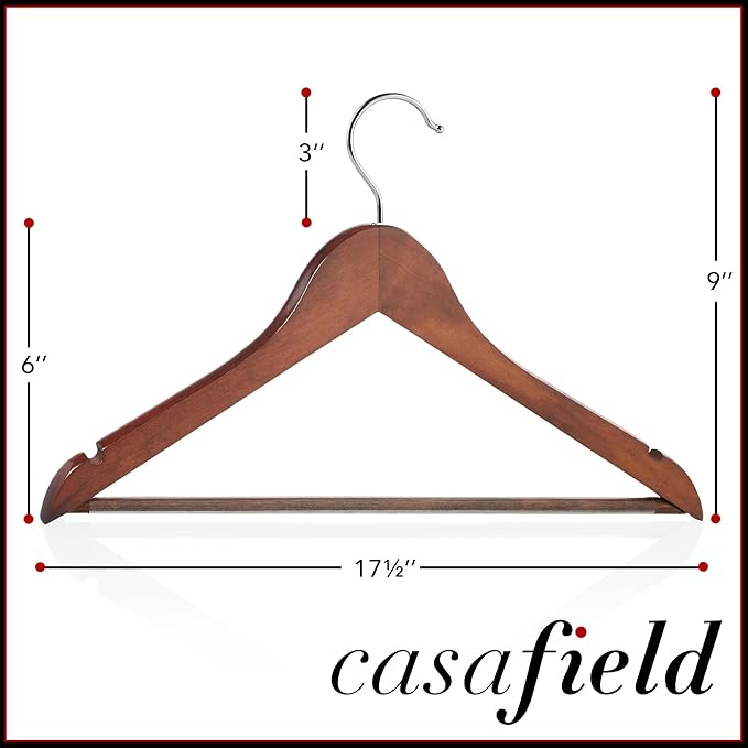 Casafield - 20 Walnut Wooden Suit Hangers - Premium Lotus Wood with Notches & Chrome Swivel Hook for Dress Clothes, Coats, Jackets, Pants, Shirts, Skirts