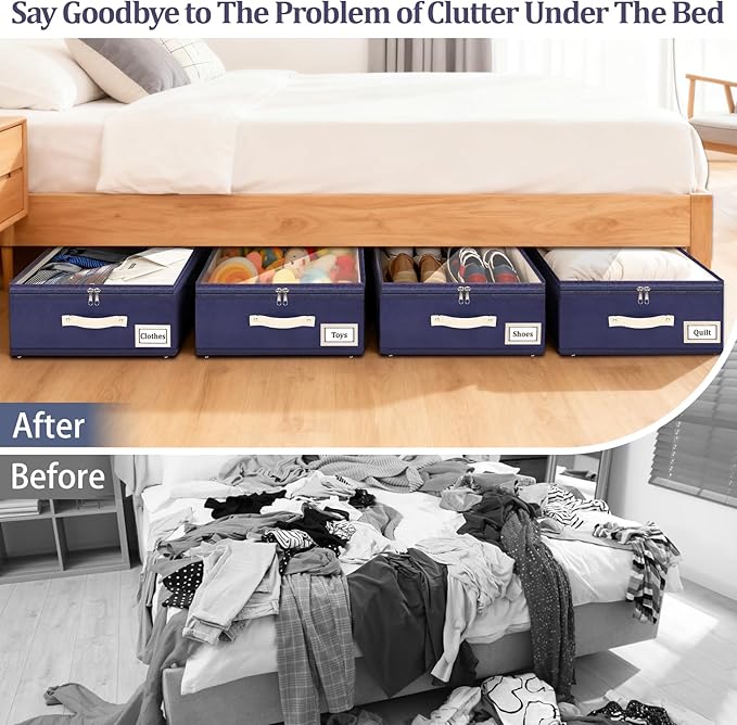 Dolicer 4 Pack Under Bed Storage with Wheels, 6in-10in Height Adjustable Underbed Storage Containers, 92L XXXL Under Bed Drawers Rolling Bin with Clear Lids for Dorm Shoes Clothes Organizers(Blue)