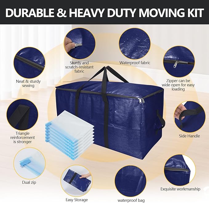 Extra Large Storage Bags Set Heavy Duty Moving Totes Strong Handles, Waterproof Dual-Way Carrying Design For Dorm Room Essentials,Christmas Storage bag(Blue,4 Moving bag & 10 Vacuum Seal Bags)