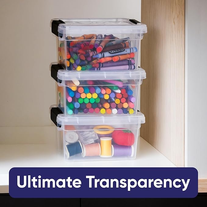 Superio Mini Storage Container Plastic Crayon Box Art Supplies and Sewing Case Stackable Clear Small Organizer for Beads, Stationery, Chalk, and Food, 1.4 Quart, 8 Pack