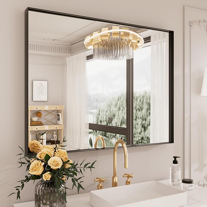 LOAAO Black Bathroom Mirror 28"X36" for Wall, Rectangle Bathroom Vanity Mirror, Hangs Vertically or Horizontally, Easy to Install, Modern Design