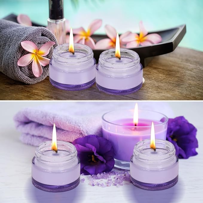 Domensi 60 Pcs 1oz Glass Jars with Lids Bulk Salve Tins Winter Cream Container Small Glass Candle Cosmetic Jars for Travel Lip Balm with Inner Liners for Lotion Sample Cream(Light Purple, White Lids)