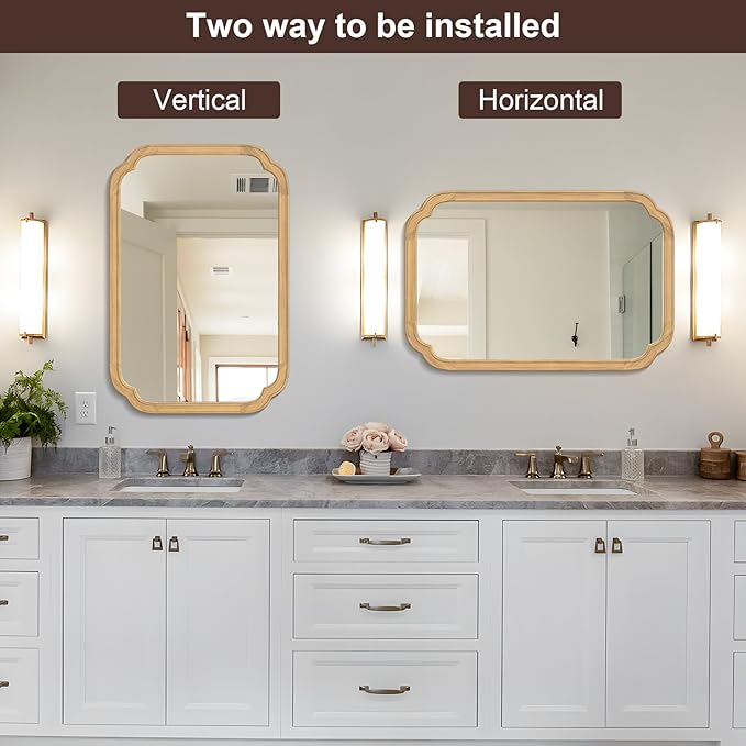 WallBeyond 20" x 30" Wood Mirror Rounded Corner Arch Wall Mirror with Wood Frame for Entryway, Living Room or Bedroom Home Decor [20" x 30" Natural Color]