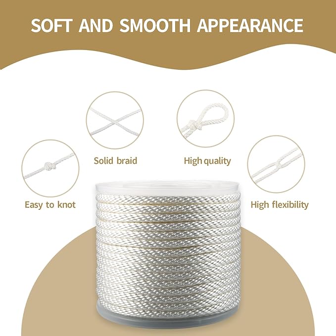 3/8 Inch 200ft White Nylon Solid Braid Rope| High UV & Abrasion Resistance| Industrial Grade, Low Stretch| Multipurpose for Flag Poles, Clotheslines