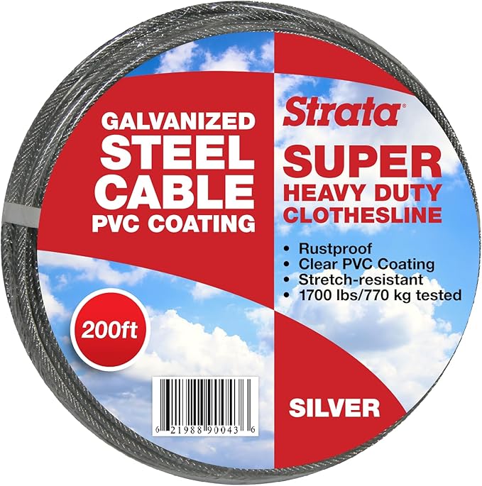 Strata 200 Feet Clothesline Outdoor Heavy Duty Galvanized Wire Steel Cable, Silver PVC Coating - Clothes Line Wires for Outside Laundry Drying