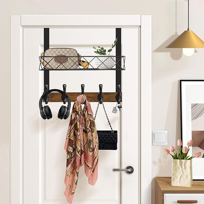YINMIT Over The Door Hooks Organizer, Over The Door Hanger with Basket, Over The Door Towel Rack with 5 Metal Hooks, Over Door Hanger for Bathroom, Bedroom, Kitchen
