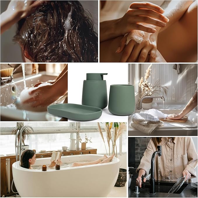 INGOFIN 3 Pcs Ceramic Bathroom Accessory Set - Liquid Soap Dispenser, Toothbrush Holder & Tray, Bathroom Counter Set, Countertop Essentials for Home, Guest Bathroom, or Office Use, Matte Green