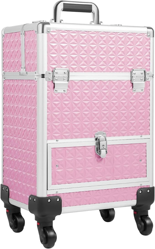Rolling Makeup Train Case Large Cosmetic Trolley Nail Bag Organizer Professional Manicure Tool kit Portable Manicure Storage Case with Swivel Wheels 4 Tray and Sliding Rail (Pink)