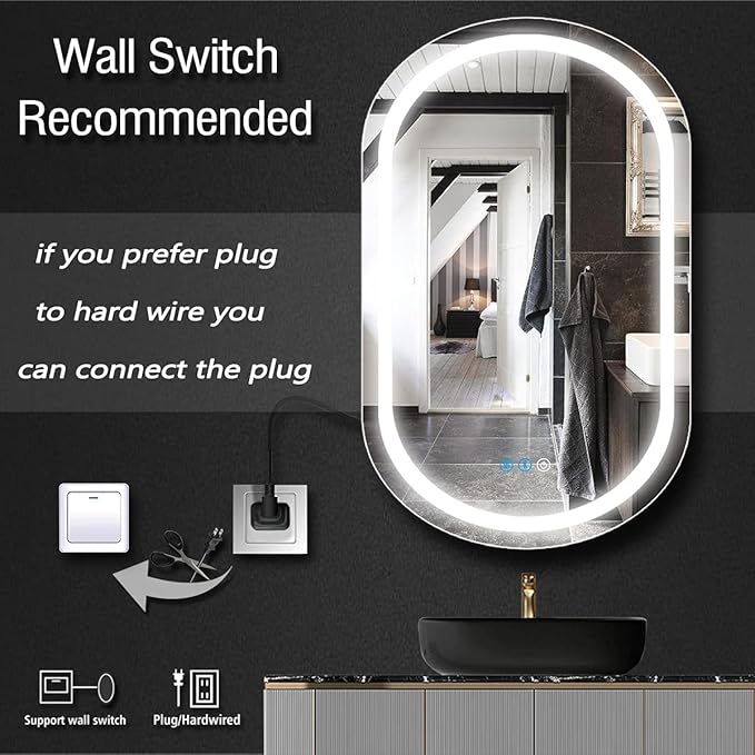 32 x 20 Inch Oval LED Bathroom Mirror with Front Lights Smart Memory 3 Color Adjustable Brightness Anti-Fog 32 Inch Oval Lighted Vanity Mirror for Bathroom Wall Horizontal Vertical Mounted