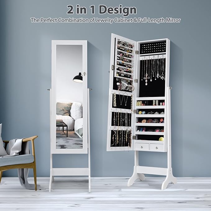 COSTWAY Standing Jewelry Armoire Cabinet, 4-Angle Tilting Jewelry Organizer with Full-length Mirror and Large Storage Capacity, Lockable Jewelry Cabinet for Bedroom, Dressing Room (White)