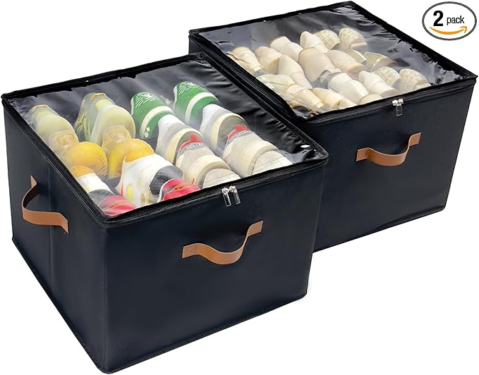 Shoe Organizer for Closet, 2 Pack Shoe Storage Bins with Clear Cover, Foldable and Adjustable Dividers, Fits 16-32 Pairs, Black