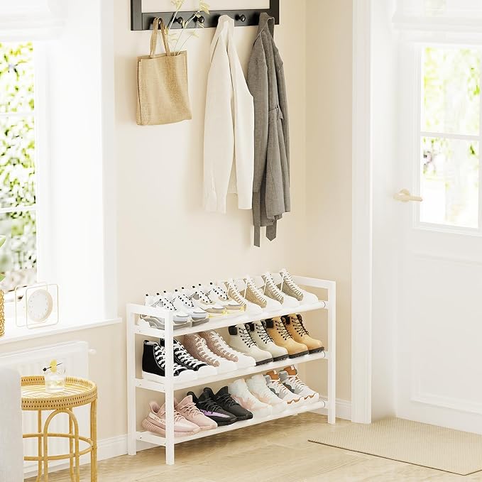 Mavivegue Expandable Shoe Rack, 3-Tier Shoe Organizer for Closet, Adjustable Shoe Rack for Front Door Entrance, Entryway,White
