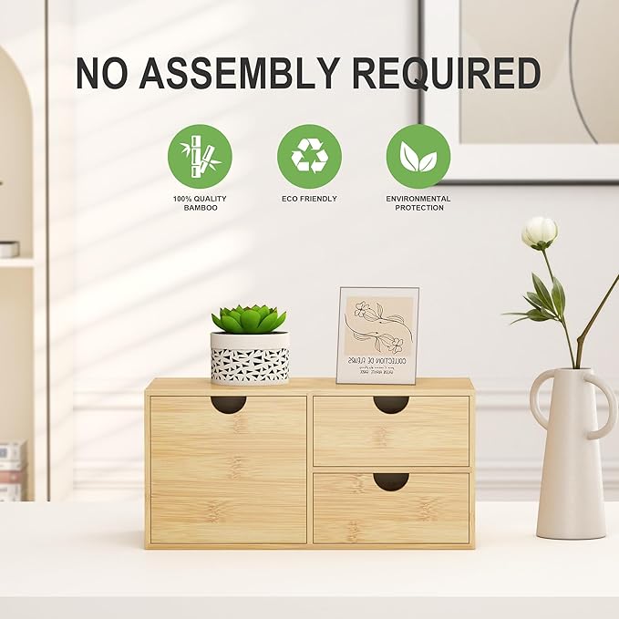 Wisuce Desk Organizer with Drawers - Bamboo Desktop Organizer Storage | White-Natural Wood Desk Drawers Organizer for Bills, Office Supplies, Cosmetics, Seals No Assembly Required(3 drawers edge-free)