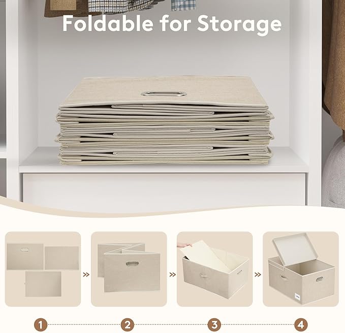 Lifewit Clothes Storage Bins with Lids, Fabric Foldable Storage Boxes with Handles, Decorative Closet Organizer, Stackable Cube Baskets Container for Bedroom, Office, 71L Extra Large Beige, 2 Packs