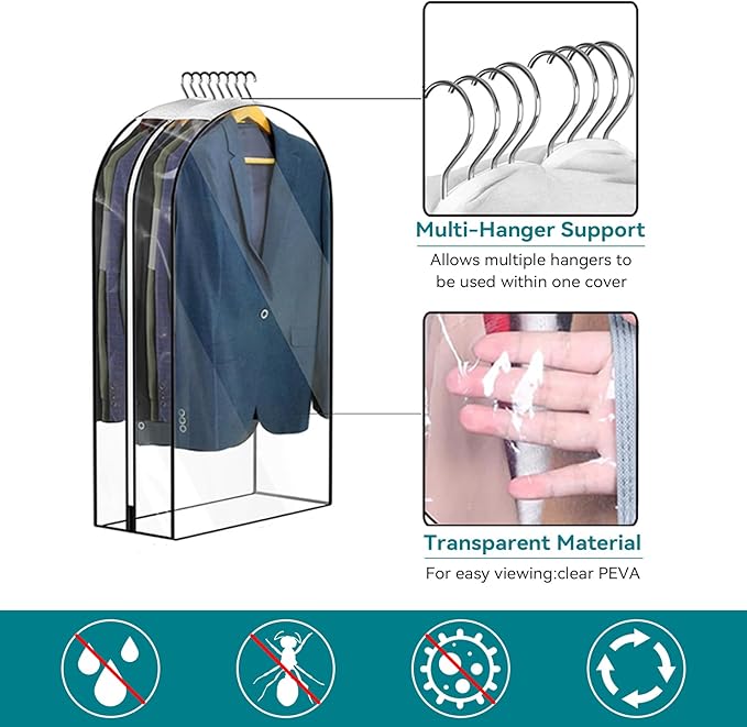 10” Gusseted Clear Garment Bags, 40” Hanging Suit Bags for Closet Storage - Protect Clothes, Suits, Coats, Dresses - 3 Pack (43 inch)