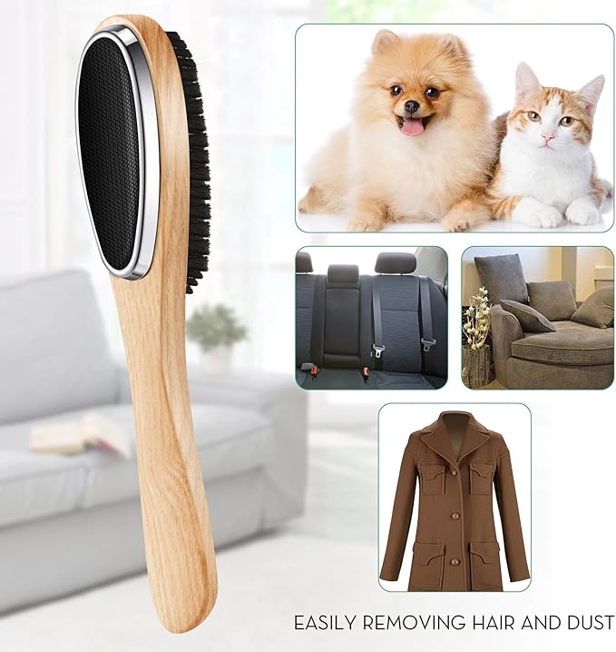 Patelai 2 Pieces 3 in 1 Lint Cloth Brush Double Sided Garment Brush Lint Remover Shoe Horn Beech Wood Handle for Clothes Wool Coat Couch Pet Hair, Random Color