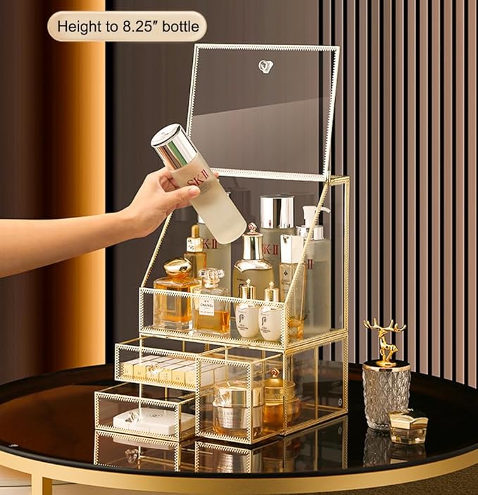 MOOCHI Golden 3 Pieces Makeup Organizers for Vantity, glass, Skin Care Organizer, Drawers,Brush Organizer,Countertop Cosmetics Storage Display Case