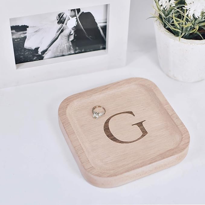 I'm Wooden Personalized Letter Catchall Valet Tray Trinket Dish Jewelry Tray Key Bowl Decorative Plate Organizing Ring Earrings Necklaces Bracelet Watch Coins Wallet Holder (6"x6" Sq Natural G)