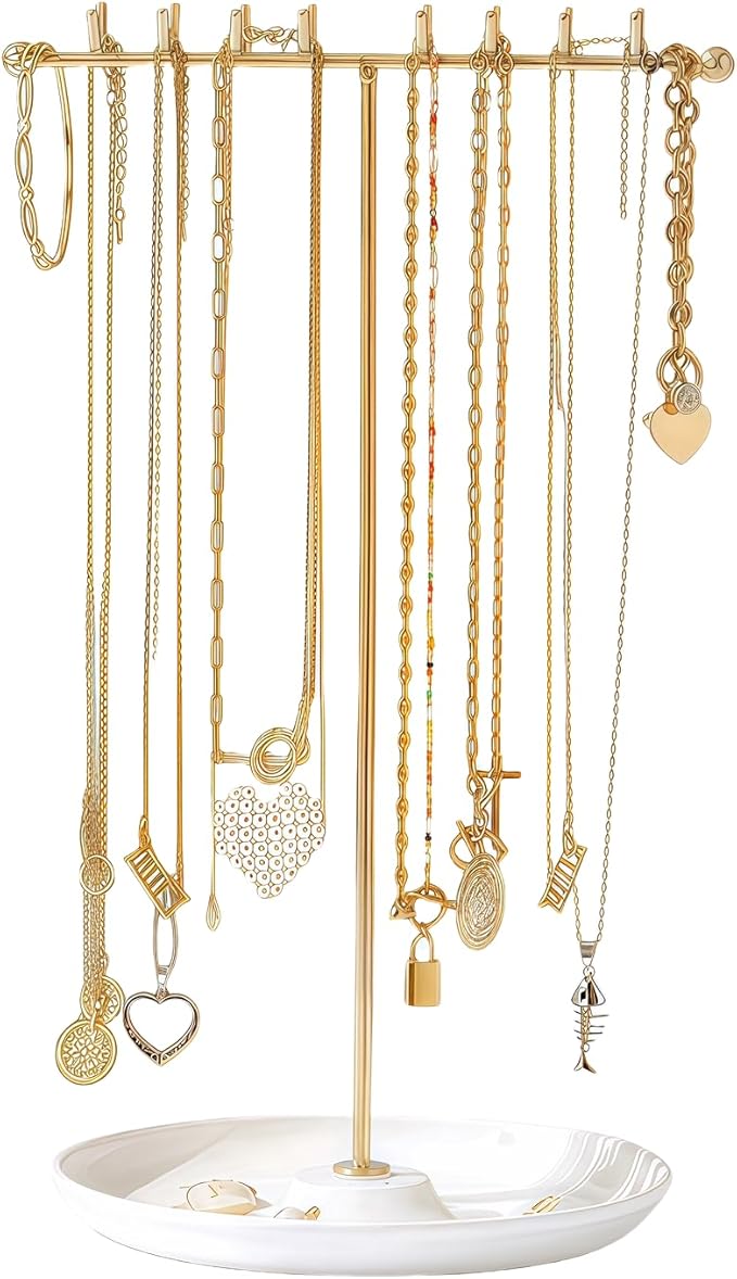 Necklace Holder Stand Organizer with Tray - Gold Jewelry Organizer with 16 Hooks Necklace Tree, Small Necklace Hanger & Ring Holder, Multifunctional Storage Earrings, Lipstick, Watches