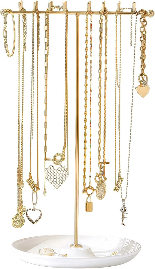 Necklace Holder Stand Organizer with Tray - Gold Jewelry Organizer with 16 Hooks Necklace Tree, Small Necklace Hanger & Ring Holder, Multifunctional Storage Earrings, Lipstick, Watches