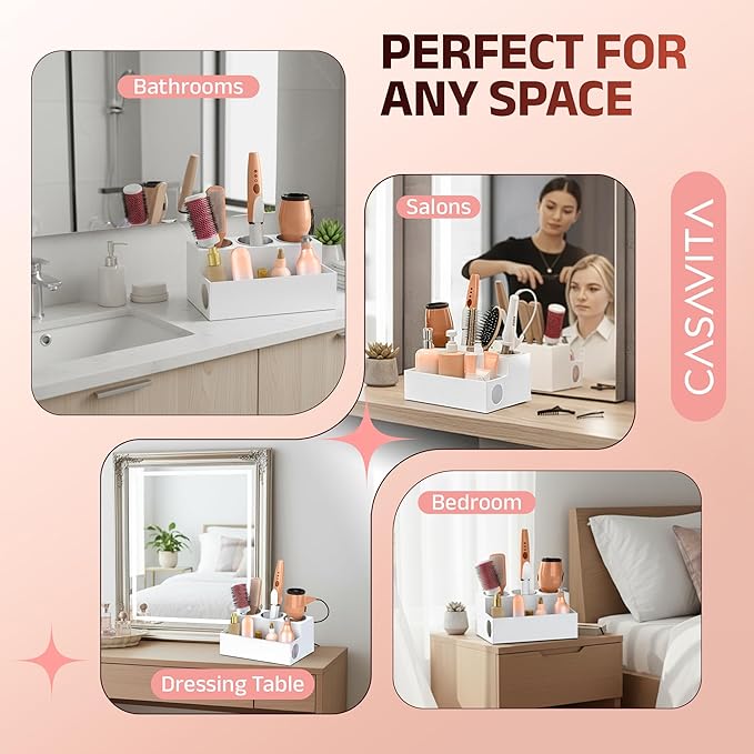 Casavita White Hair Tool Organizer with Heat-Resistant Mat - Durable Acrylic Makeup Organizer Countertop for Blow Dryers, Flat/Curling Irons, & Toiletries - Stainless Steel Cups, Cord Management