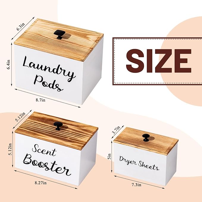 Dandat 3 Pcs Dryer Sheet Holder Laundry Pod Holder Scent Booster Container Set with Scoop Rustic Wood Dryer Sheet Container Laundry Beads Dispenser for Storage(White)