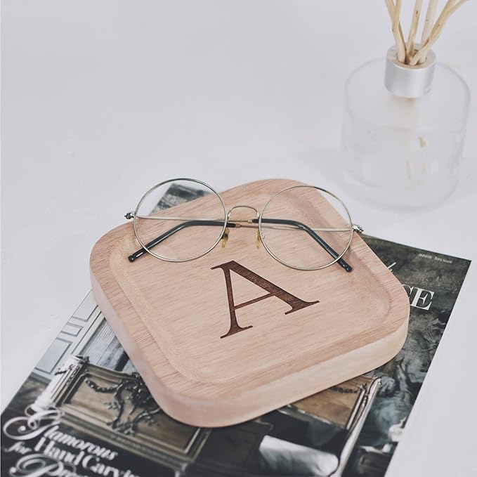 I'm Wooden Personalized Letter Catchall Valet Tray Trinket Dish Jewelry Tray Key Bowl Decorative Plate Organizing Ring Earrings Necklaces Bracelet Watch Coins Wallet Holder (6"x6" Sq Natural A)
