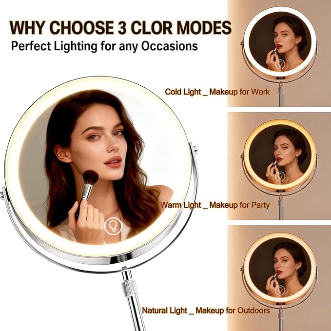 Rechargeable LED Makeup Mirror with Lights, 10X Magnifying Mirror, Touch Control 3 Color Modes, 360° Rotation & Height Adjustable Make Up Mirror with Lights