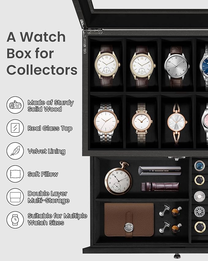 Uten 10-Slot Watch Box, 2-Layers Solid Wood Watch Display Case with Glass Lid, Watch Holder Organizer with Soft Pillow and Velvet Lining, Watch and Jewelry Storage Box, Black